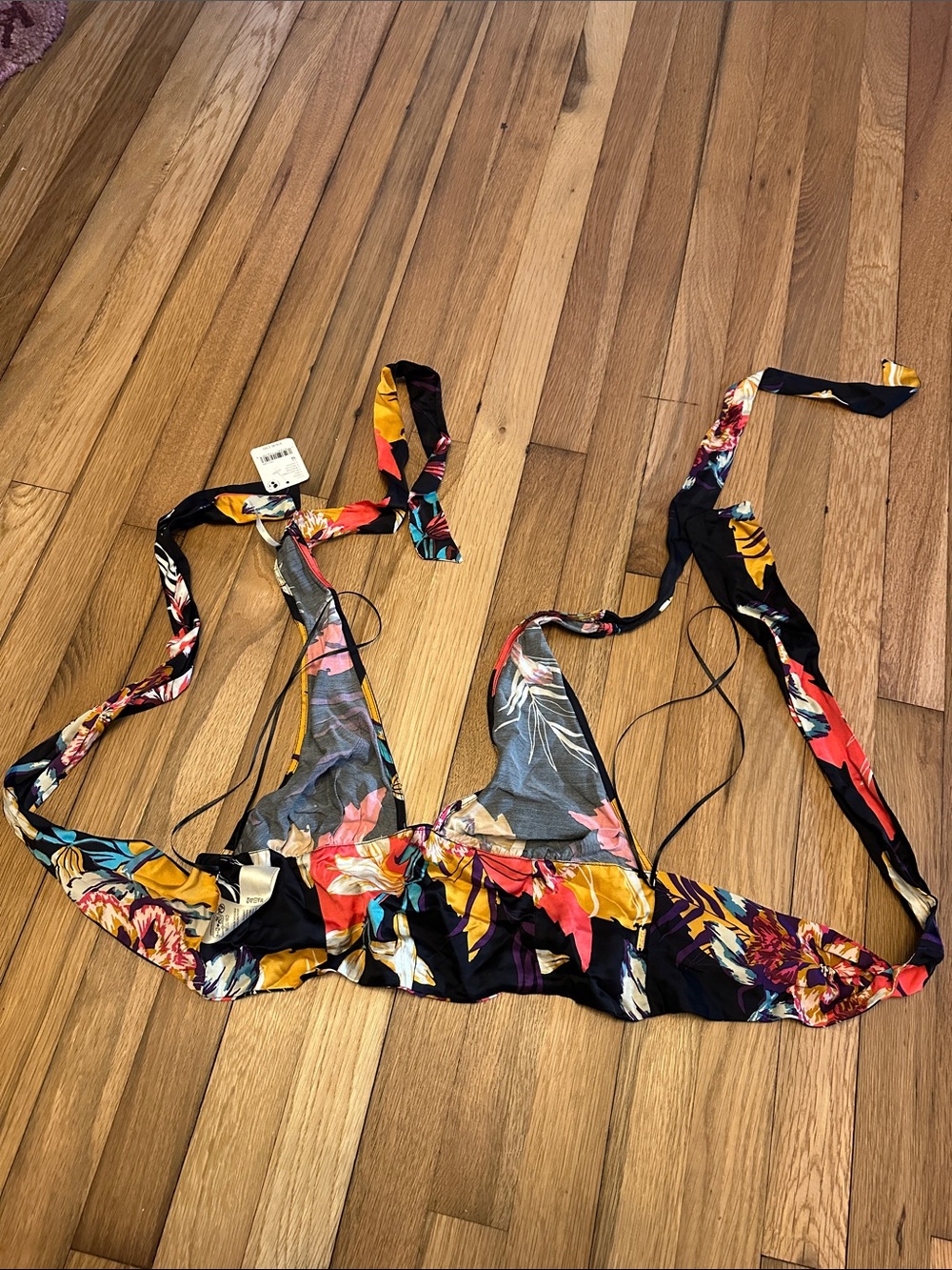 Free People Black Floral Tie-Back Bralette with Yellow, Red & Purple Accents - Picture 5 of 8